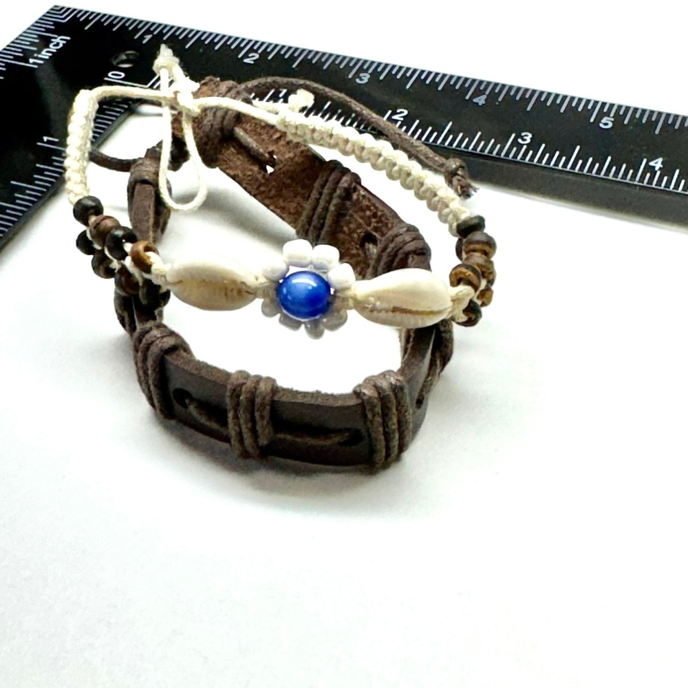 Boho Leather Bracelet Shell Flower Blue Gem Beads Adjustable‎ Set of 2